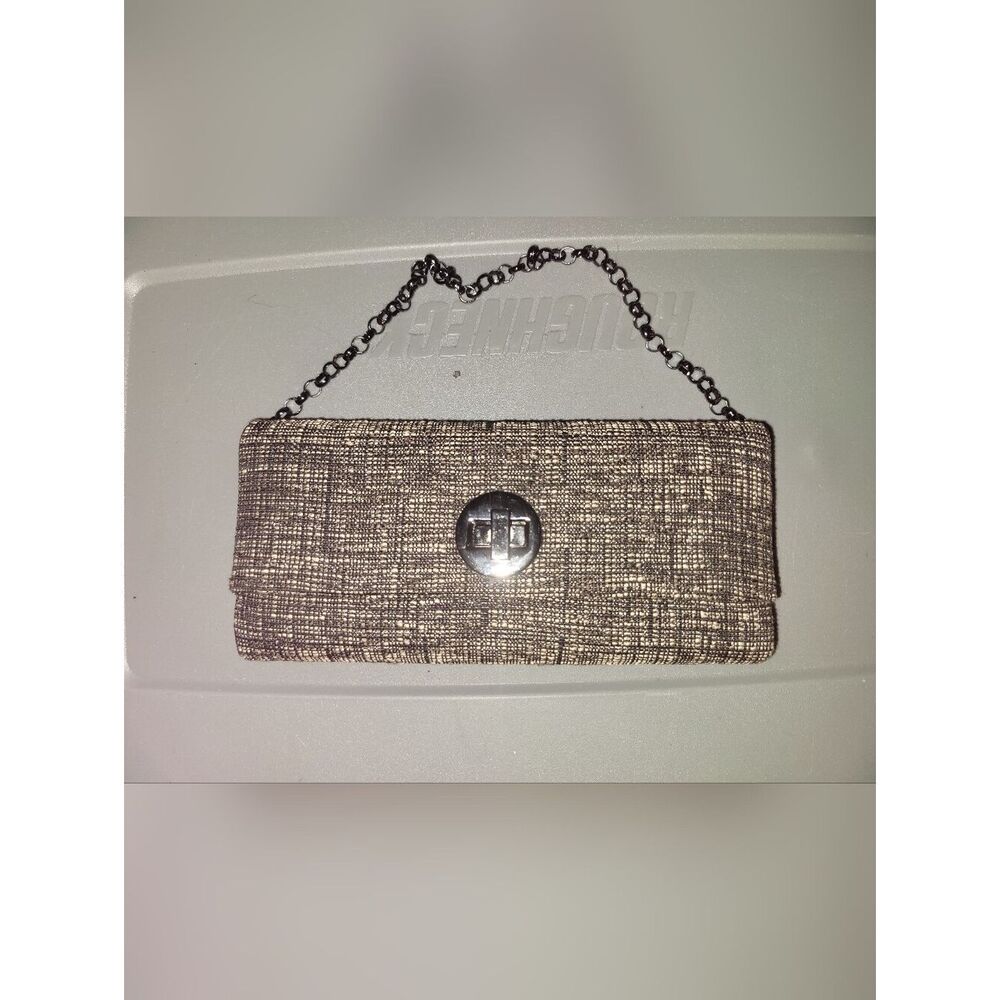 Metallic Taupe Woven Chain Clutch